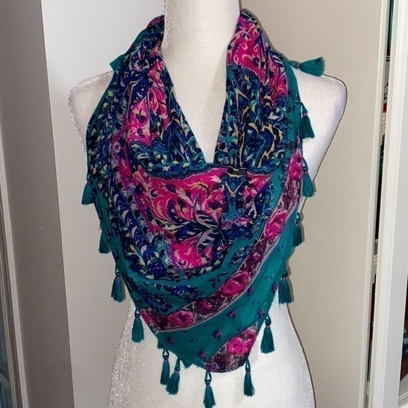Anthropologie Pink Teal Multicolor Floral Whimsical Boho Tassels Colorful Flirty - Picture 1 of 17